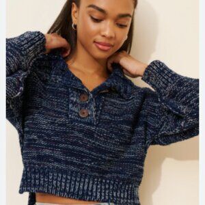 Pilcro Mega Henley Sweater Anthropologie Womens 1X Blue Marl Knit Crop Pullover